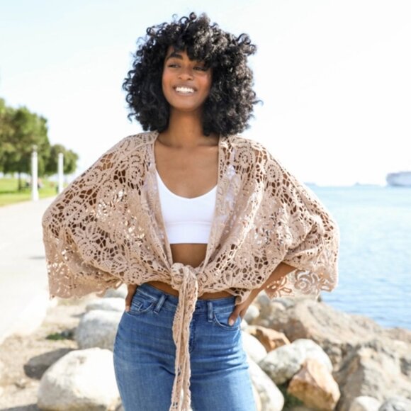 Crochet Floral Petal Kimono Wrap Boho Cotton Shawl 1 Size Black Mocha Rust Mint - Picture 9 of 9